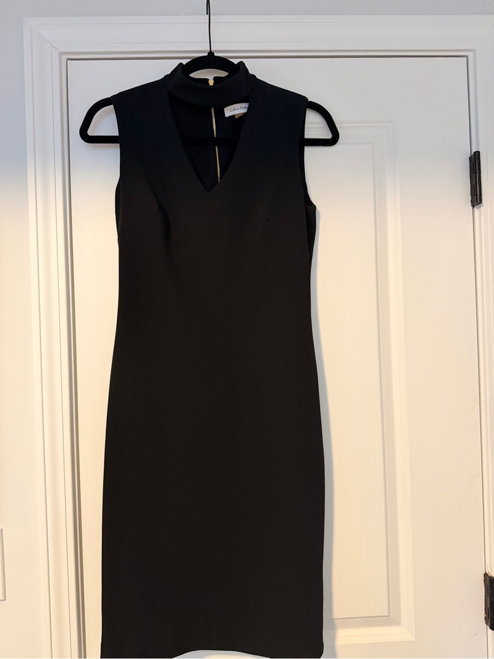 Calvin Klein Black Sleeveless Mock Neck Sheath Dress Gold Back Zip